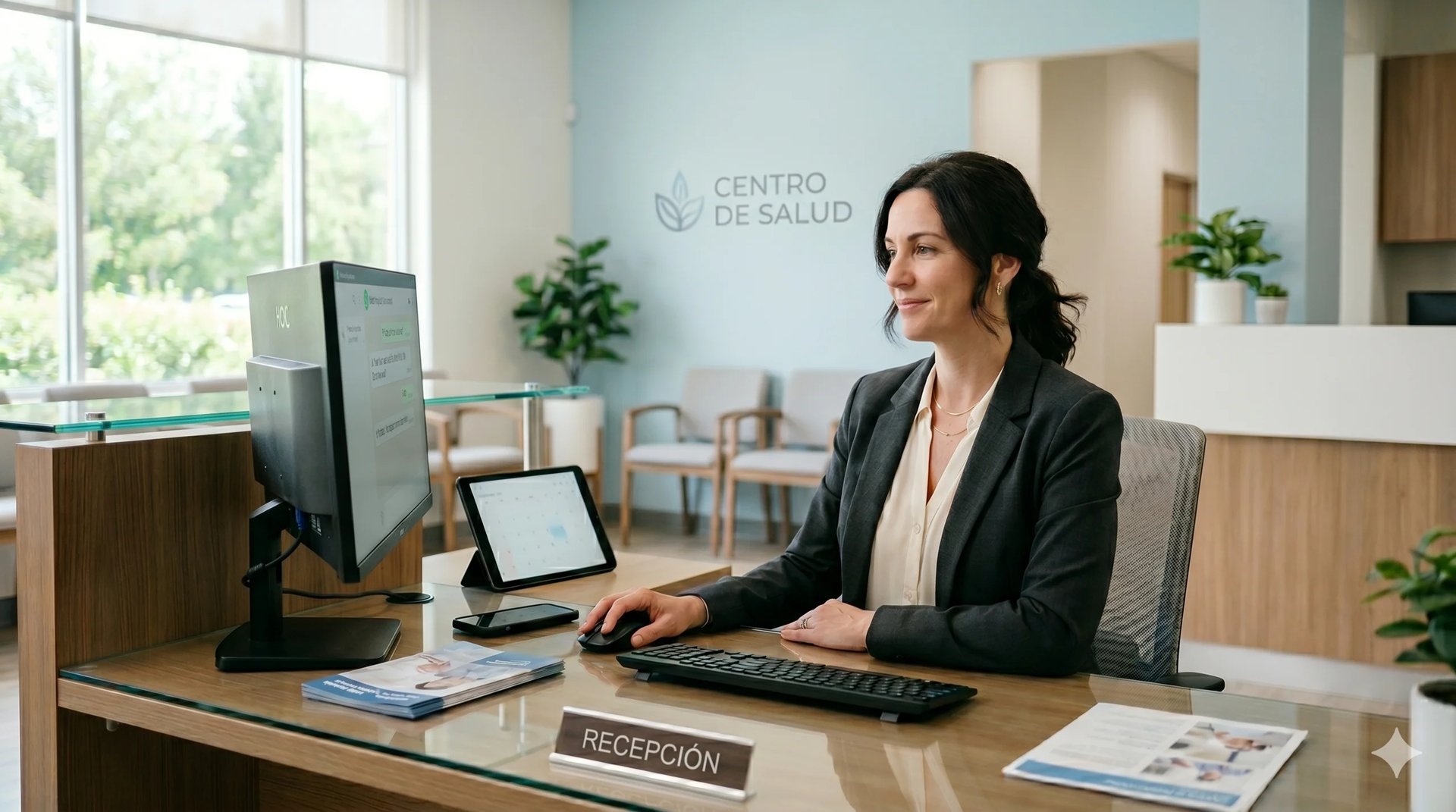 Woman receptionist at desk in medical office with computer monitor, greeting tablet, and reception nameplate